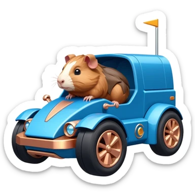 dark crystal blue and rosegold-accented cyber truck-faceted-body electric racing car driven by a small cute but fearless Guinea pig with rear spoiler, roll bar, and wheely bar sticker