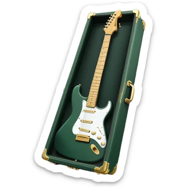 minimalist electric guitar in dark green, closed inside a black rectangular hard case with gold latches, soft matte textures, simplified details sticker