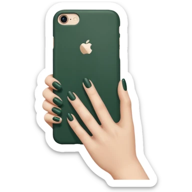 female hand with nude manicure holding an iPhone in a dark green case, side view, minimalism, no extra details sticker