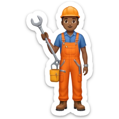 Indian male railway engineer orange overalls, boots holding a spanner sticker