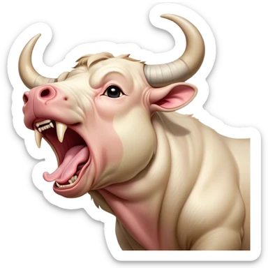 Cinematic Cute Yawning Domestic Bull Portrait Emoji, Head tilted slightly with a dramatic, wide-open yawn, showcasing a robust, muscular frame with a soft, downy coat and subtly drooping horns, round eyes barely open in drowsy contentment, Simplified yet irresistibly adorable features, highly detailed, glowing with a soft, cozy natural glow, high shine, relaxed yet expressive, stylized with a dash of rustic whimsy, soft glowing outline, capturing the essence of a sleepy yet affectionate domestic bull that seems ready to stretch out and settle for a nap! sticker