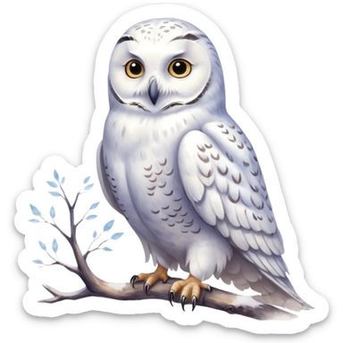 A hand-drawn fantasy illustration of Hedwig, Harry Potter’s snowy owl, with soft watercolor style, gentle pastel tones, magical sparkles in the air, cozy wizarding atmosphere, storybook illustration, high detail, whimsical and warm mood. ohne backgraund sticker