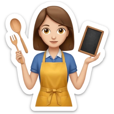 teacher with medium brown hair and brown eyes, wearing a mustard-colored apron sticker