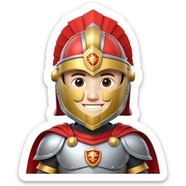 A friendly Trojan warrior mascot with a large cartoon-style head, wearing a silver helmet with a red crest and black cheek guards.  confident smile. The character wears dark armor with metallic details and a bright yellow cape.  sticker