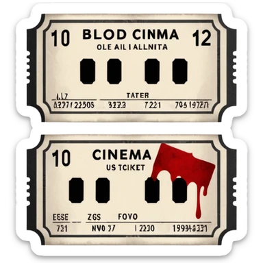 Minimalist emoji-style sticker of an old torn cinema ticket, blood-stained edges and burn holes, grayscale paper

 sticker