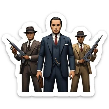 Vintage noir poster with Don Corleone surrounded by gangsters holding Thompson submachine guns. Background features New York skyscrapers, adding to the gritty, classic gangster film feel.  Dark and moody atmosphere with shadows, suits, and a mysterious vibe. Transparent background. sticker