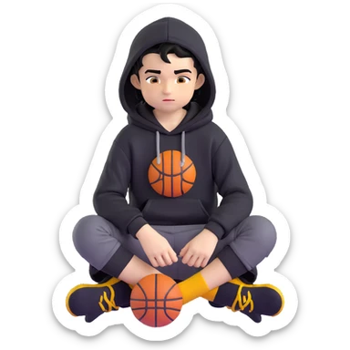 boy kid sitting cross-legged, black hoodie with hood off, smirking, black crew socks, messy black hair, black basketball shorts, yellow skin sticker