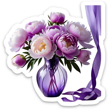 "A dreamy, abstract bouquet of peonies in soft pastel purples, with fluid, swirling petals that melt into each other like brushstrokes. The flowers emerge from a translucent, faceted glass vase in shades of violet, with exaggerated reflections and refractions. A flowing ribbon in light lavender twists and loops around the vase, extending beyond the frame in a weightless, almost liquid motion."
 sticker