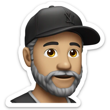 Homme blanc / 40 ans / cheveux courts noir / yeux en amande / viril / mal rasé / casquette yankee noir sticker