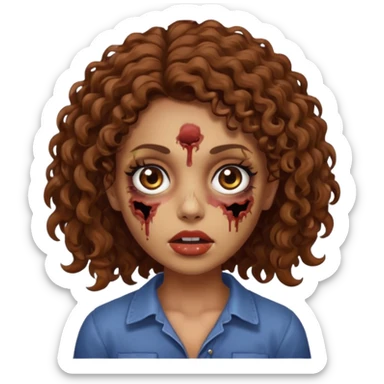 Una chica zombie con cabello rizado café y ojos cafés con un lunar debajo de el ojo izquierdo  sticker
