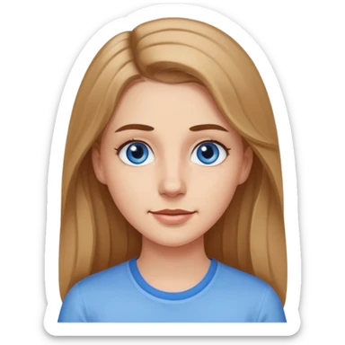 A pretty white girl with long slightly light brown hair dark eyebrows and braces and blue eyes wearing a white shirt and she has a long face sticker