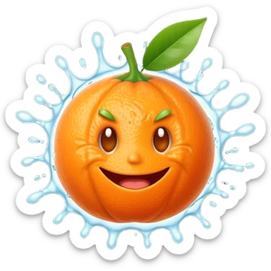 Juicy explosion mandarin emoji, bursting juice splash everywhere, exaggerated happy reaction, bright orange color, simple cartoon style, transparent background. sticker