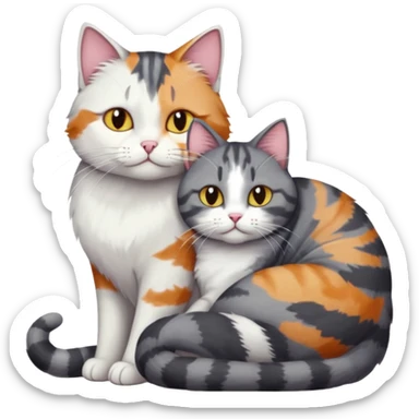 full body colourful light patched calico + white tabby cat cuddling a bigger cat that is dark grey and white tabby cat  and they are in love sticker
