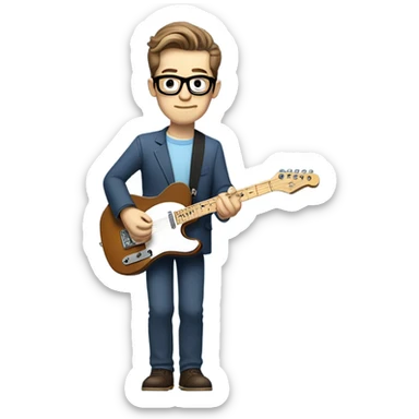 A nerdy white guy with glasses with short brown hair with a small quiff playing a blue classic telescaster sticker
