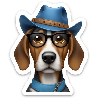 Blue tick hound wearing sunglasses and a cowboyhat sticker
