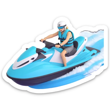 white and turquoise jet ski with a person in a life jacket angled perspective action pose sticker