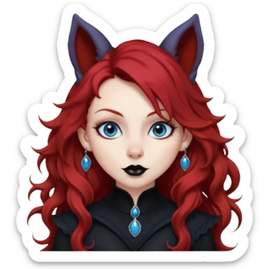  long curly red hair (darker), red pointed ears with black trim, black goth outfits, body and face human, blue eyes, more pointy chin, black lipstick, big fluffy red squirrel tail with black tips, like the attached photo with more outfits and poses,  sticker