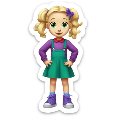 A little blonde girl with pigtails and little purple bows wearing a red long-sleeved shirt and purple overalls skirt with blue tights with green polka dots and purple sneakers, full body, rugrats sticker