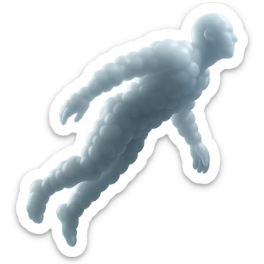 side view of unconscious person flying upwards by torso, legs and arms downwards, made of small very bright white fluffy convex clouds, matte glass style sticker