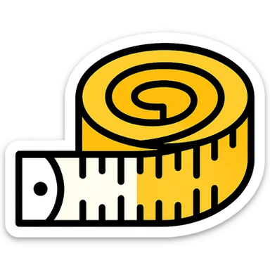 a sewing tape measure, coiled, with visible measurement markings, realistic color, white and yellow sections, metal tip, icon style sticker