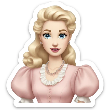 girl blonde hair pale skin blue eyes. Pink lips blush Smokey eye skinny nose siren eyes (but not too much). Vintage blowout with long hair not too curly.  light pink dress, puffed sleeves, dainty choker necklace (think Versailles but not too much).  sticker