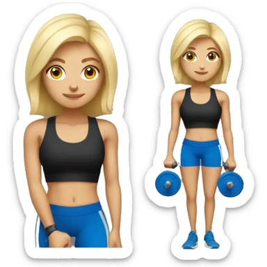 blonde woman working out with a black tank top and a blue shorts holding a dumbbell sticker