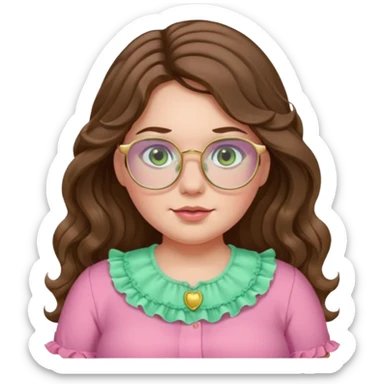 Girl girl long wavy brown hair with middle part, pale green eyes, plus size, pink frilly shirt, gold rimmed glasses sticker