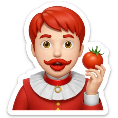 funny theater actor character who ate tomatoes, tomato sauce around mouth, dramatic expression, stage costume collar, 3D cartoon, mobile game icon style, clean background, no text, no watermark
 sticker