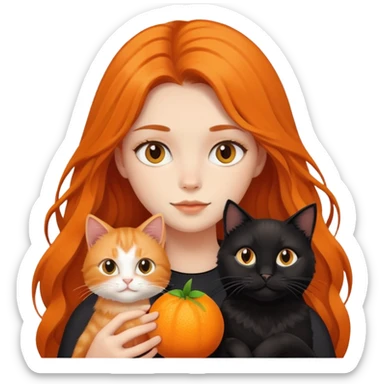 A long-haired girl holding a black cat and an orange long haired cat sticker