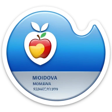 rounded business ID card with blue-silver gradient background, placeholder lines, left-aligned generic photo silhouette, Moldova-inspired heraldic symbol in top-left, Apple emoji style, transparent background sticker