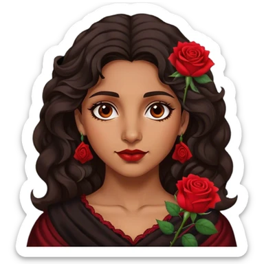 A Romani woman with dark wavy hair, a single red rose tucked behind one ear, and a confident gaze sticker