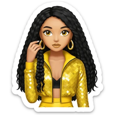 Leigh-Anne Pinnock from Little Mix with long black hair, yellow sequin outfit sticker