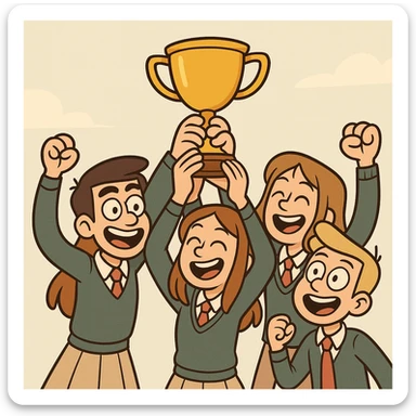 groupe de 4 étudiants, deux filles et deux garçons, brandissant un trophée, style cartoon coloré, fond clair sticker