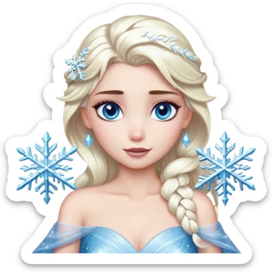 Cinematic Realistic Elsa Portrait, depicted with lifelike skin texture, soft natural lighting, and intricately detailed platinum blonde hair styled elegantly. Her striking, expressive blue eyes exude confidence and grace, complemented by a serene and regal expression. She holds a shimmering snowflake delicately in one hand, her other hand resting against her gown, embodying the power and beauty of winter. She is dressed in her signature icy attire, with shimmering fabric textures and delicate folds that catch the light beautifully. The portrait features a soft, enchanting glow with a cool, radiant finish, capturing the essence of timeless elegance in a realistic and painterly style. sticker