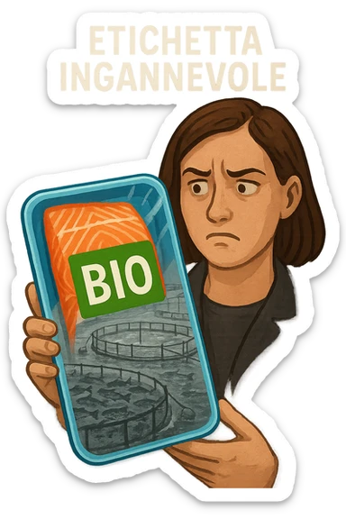 Scena in un supermercato moderno: uomo o donna tiene in mano una confezione di salmone etichettata 'BIO', con un grande bollino verde. Ma in trasparenza, dietro l’etichetta, si intravede un allevamento intensivo di salmoni in gabbie marine, acqua torbida e pesci ammassati. Espressione del cliente confusa e sospettosa. Sopra la testa, testo simbolico fluttuante: 'Etichetta ingannevole'. Colori contrastanti: confezione brillante ma realtà di fondo grigia e artificiale. Stile realistico con elementi simbolici forti sticker