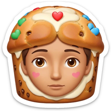 Apple-style emoji illustration of a person with dreamy eyes thinking of a traditional panettone, small hearts floating around, soft 3D emoji style, smooth gradients, rounded shapes, warm festive colors, simple expression, centered composition, transparent background, no text. sticker