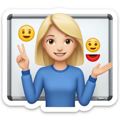 Make an emoji of a girl who is teaching how to make emojis on a board sticker
