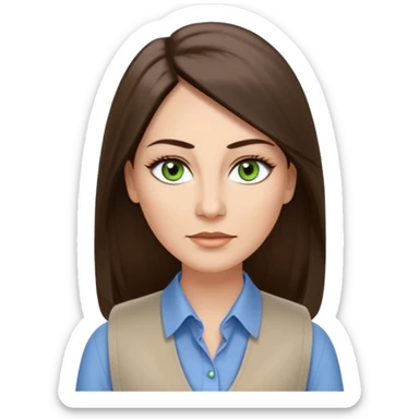 43 year old Adult woman avatar, light skin tone, long, oval face, long straight ashy brown hair, green almond-shaped eyes with dramatic eyelashes and minimal eyeliner, neutral mouth, medium straight eyebrows, average nose, smooth skin,  white collared button down shirt, blue vest sticker