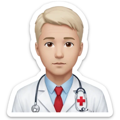 "A simple and clean bust of a male doctor in a white lab coat with a red cross emblem on the chest. He has a light blue shirt and a subtle red tie. A minimalistic stethoscope drapes around his neck with a thin, smooth design. His facial features are simplified but expressive, with short, neatly styled hair and a calm, confident look. Behind him, a faint, abstract medical symbol (such as a heartbeat line or a plus sign) subtly reinforces the healthcare theme. The overall style is modern, sleek, and minimalistic, using smooth lines and soft shading. sticker