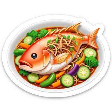 Fish Fragrant Shredded Pork with colorful vegetables in sauce, simplified emoji style with bold outlines and bright colors, cartoon style Yu Xiang Rou Si dish sticker