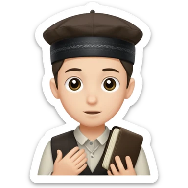 a boy with kippa and not a hat putting on tefillin sticker