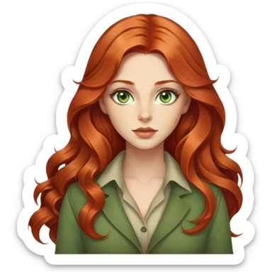 Young handsome woman with long, wavy, copper red hair and beatiful green eyes and light skintone. Clothing in earthy colors, beige or bottle green. large but not exaggerated bust and full lips. the woman looks very natural sticker
