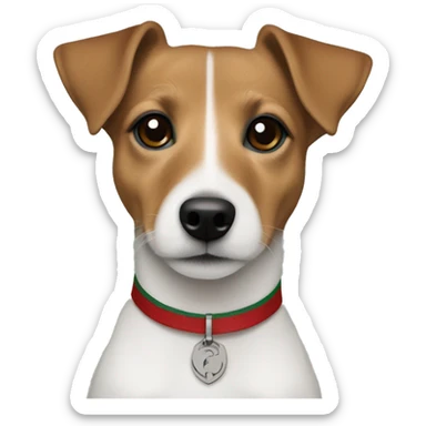 one year old jack russell terrier light brown wearing gucci green and red sticker