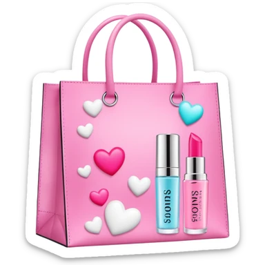 A Sephora shopping bag with a pink preppy lip balm and Summer Fridays branding peeking out, surrounded by sparkles and hearts, stylish and summery and sol de Janeiro perfume peeking out sticker