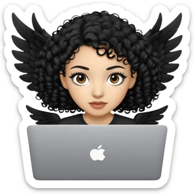 a girl using the mac book air with black curly hair and brown eyes with winged black eyeliner sticker