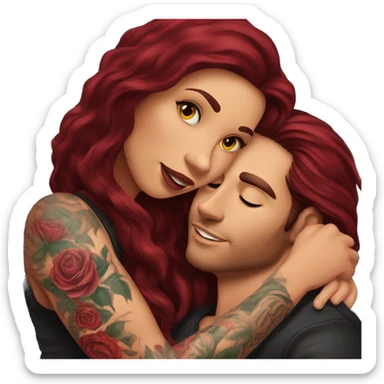 Beautiful tattooed burgundy long haired woman laying on the boyfriends chest sticker