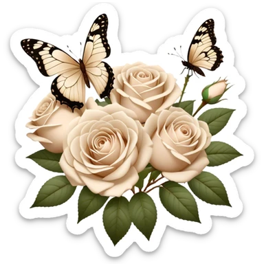 A bouquet of white Ascott tea roses next to a beige aesthetic and a brown beautiful butterfly sticker