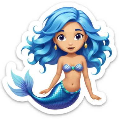 Cinematic Realistic Blue Hair Mermaid Portrait, head tilted playfully and inquisitively, showcasing a delicate, tropical form with finely detailed, flowing blue hair contrasting beautifully against her sun-kissed tanned skin. Her bright, curious eyes sparkle like sea gems under warm filtered light, rendered with lifelike clarity and soft underwater illumination—capturing the essence of a spirited mermaid poised to dance playfully amidst coral reefs. sticker