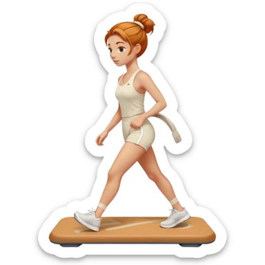 Beautiful Ginger girl messy bun walking on walking pad cream gym outfit sticker