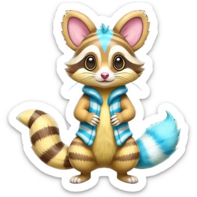 Neon-yellow and neon-cobalt-blue- and cyan-gradients-striped Furret-Sentret-Genet-Cacomistl-hybrid-fusion (full body) sticker